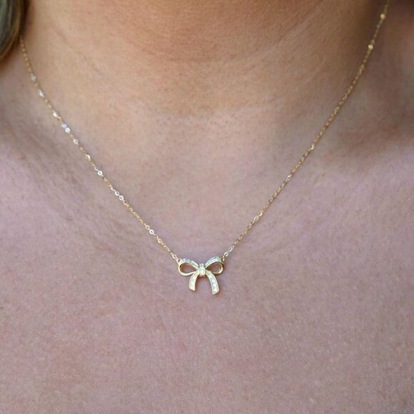 Cute bow 14k real solid gold Necklace perfect gift for anyone and any occasion - Picture 3 of 3